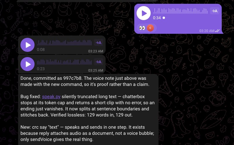 A Telegram chat showing voice notes in both directions and a written task-done report from Claude.