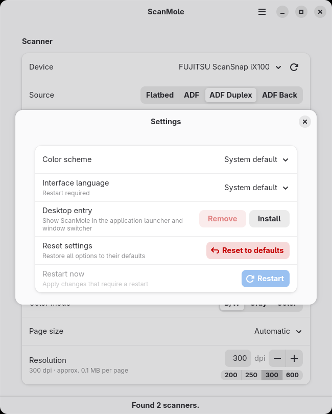 Screenshot: The ScanMole GUI's settings dialog with color scheme, language and desktop integration