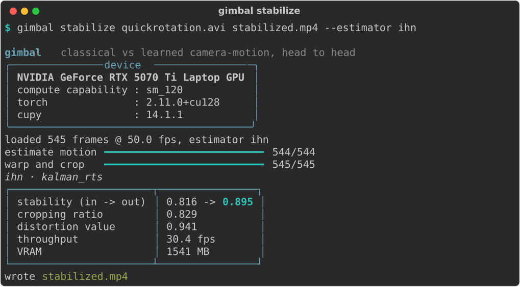 The gimbal CLI on a stabilize run