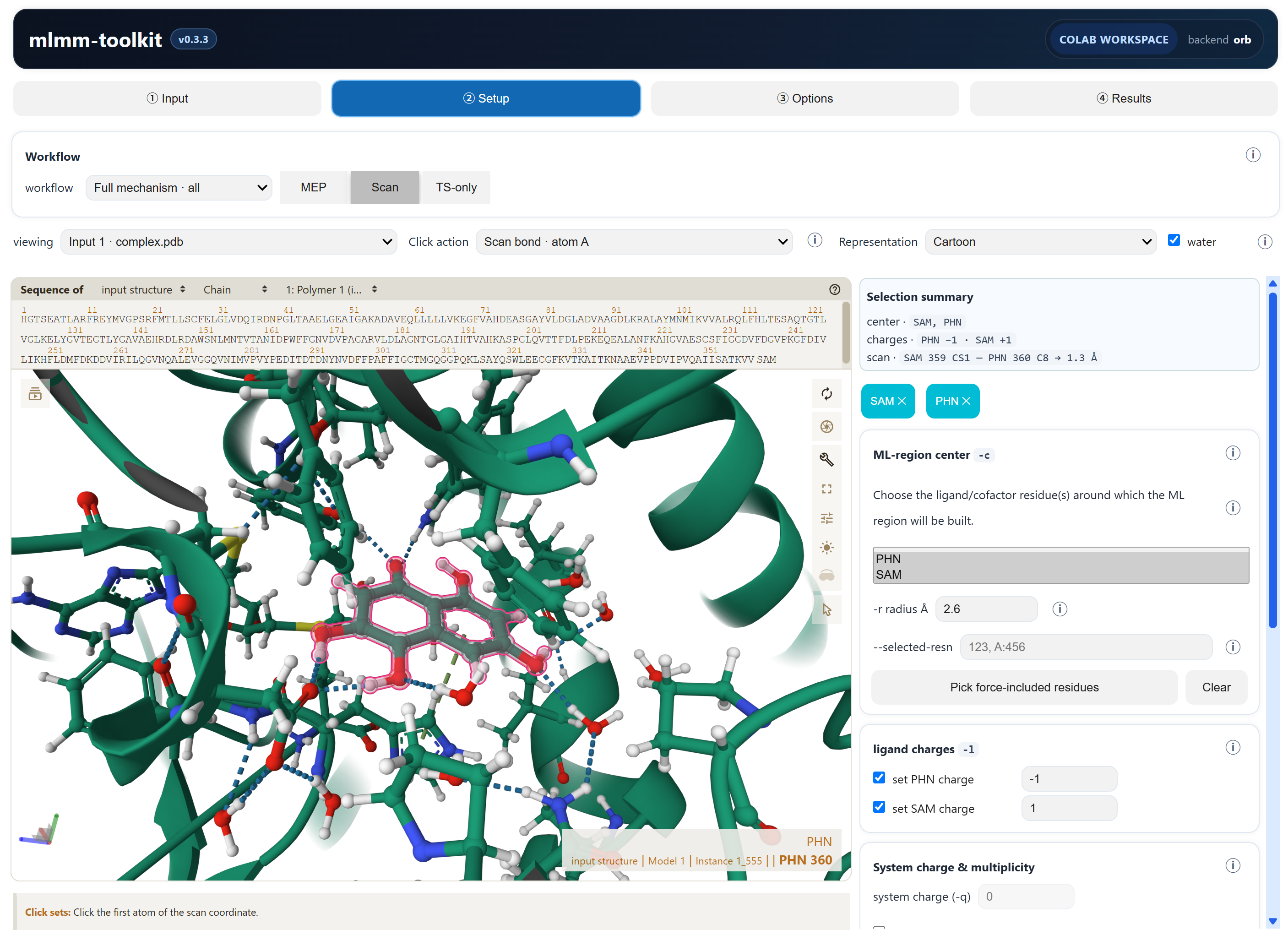 mlmm-toolkit Colab GUI workspace showing Mol* structure setup and ML/MM controls