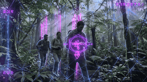 Relic: pink target ornaments and rising code behind figures