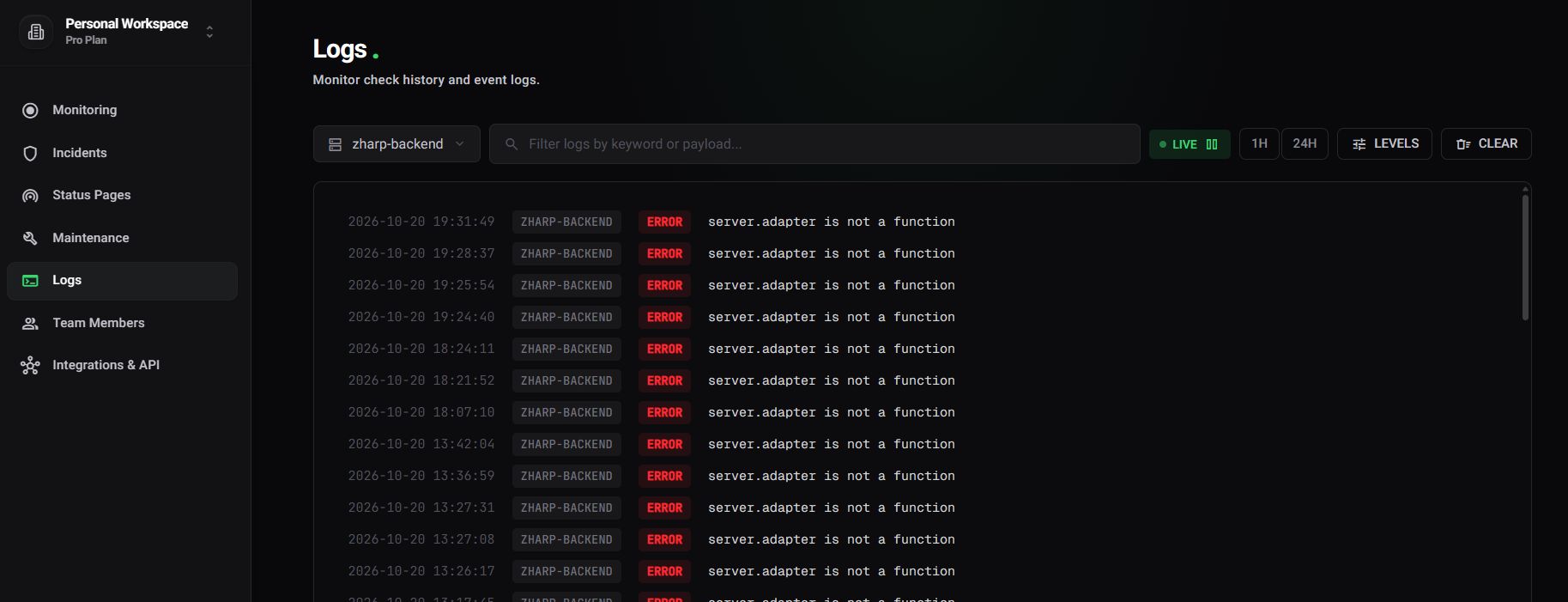 The Logs page on zharp.io