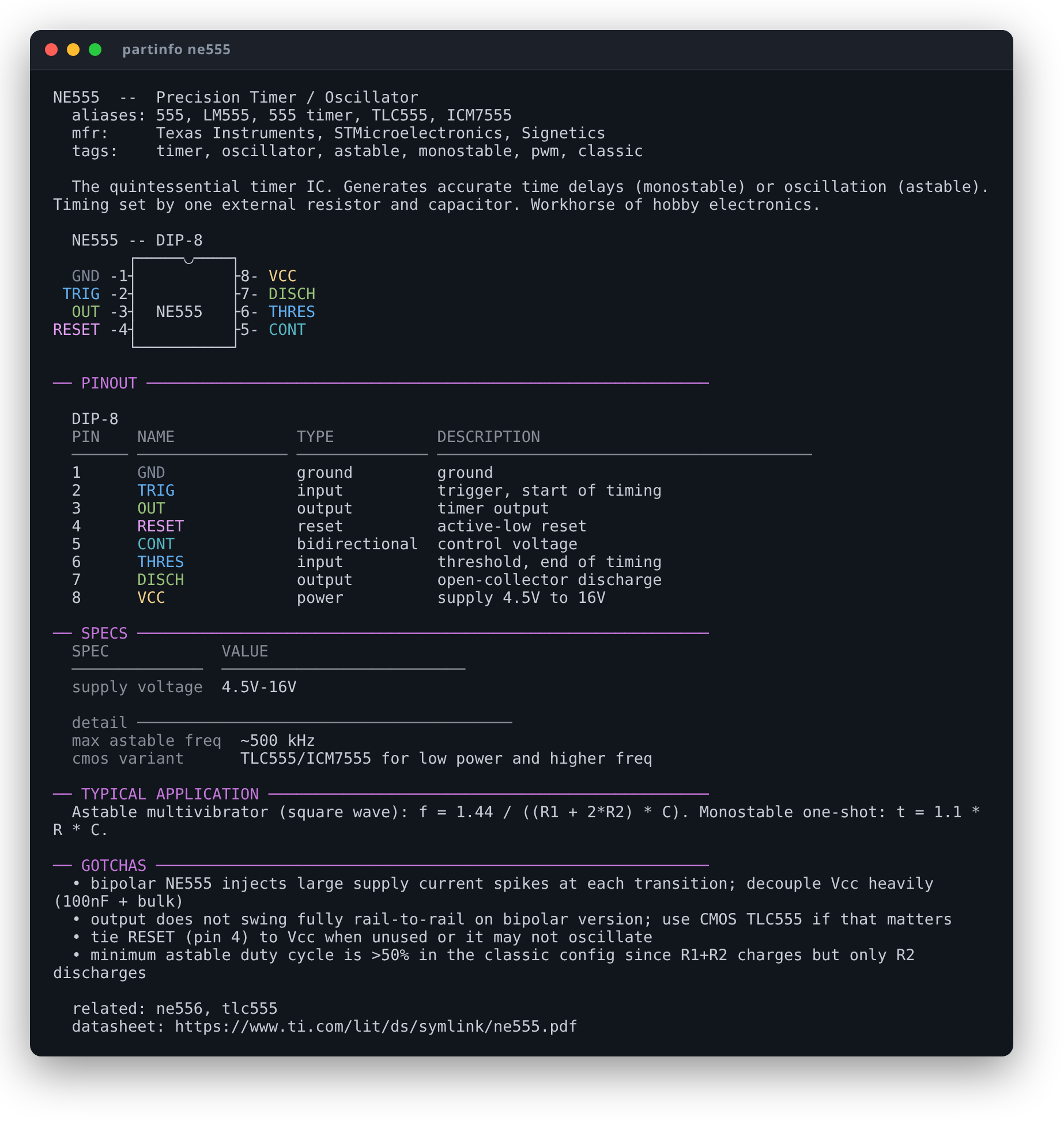partinfo ne555: ASCII DIP-8 package diagram, pinout table colored by pin function, specs, and gotchas