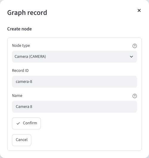 The CRUD tutorial's Graph record dialog prepares a Camera node with ID camera-8 and name Camera 8, with Confirm and Cancel actions.