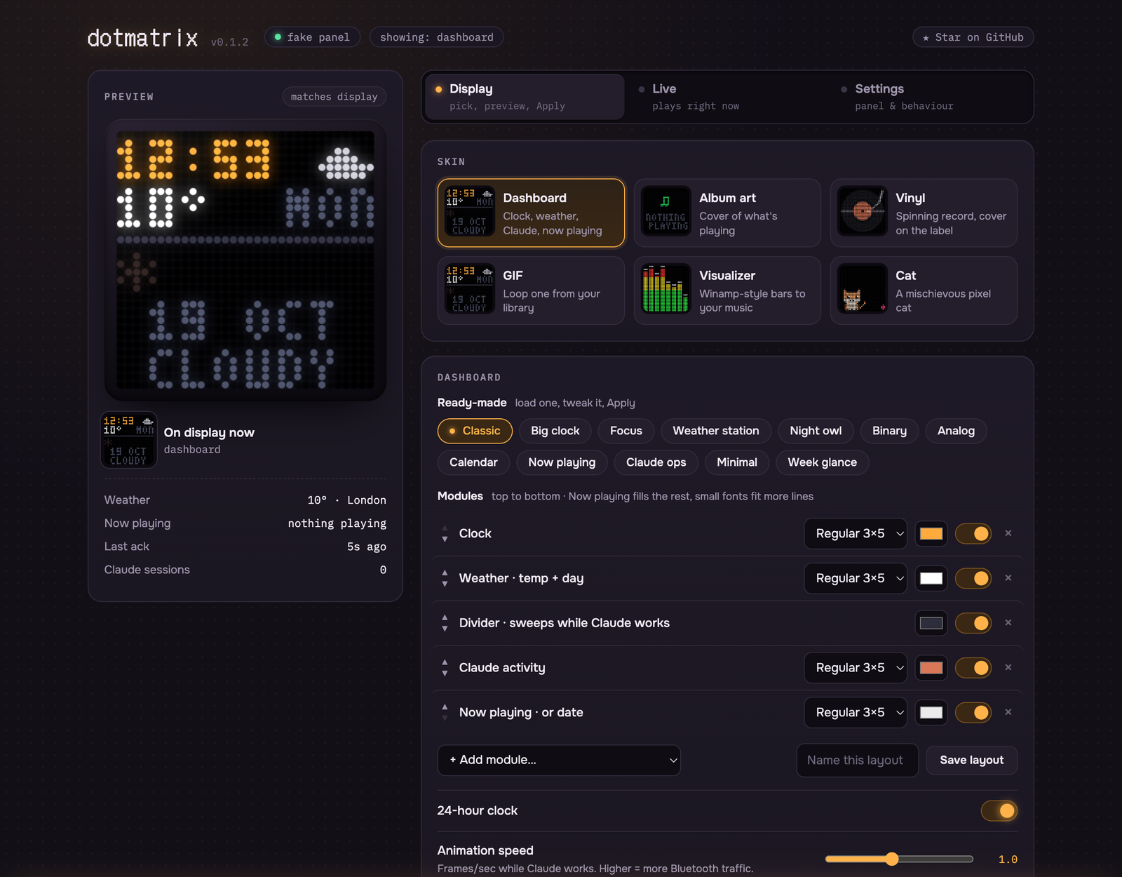 The web UI: a live preview of the panel next to skins and dashboard modules