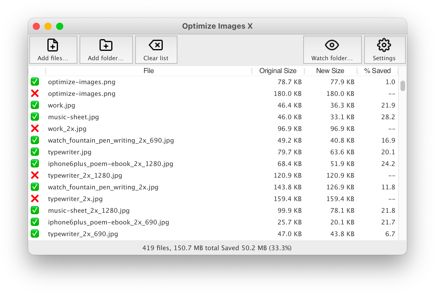 Optimize Images X - Main Window