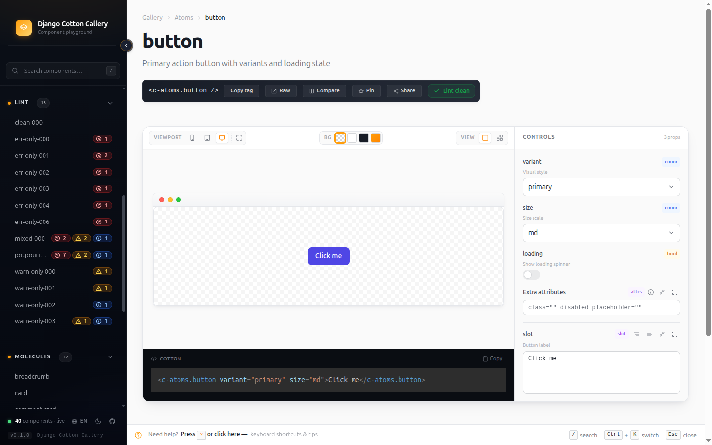 Component detail with live controls