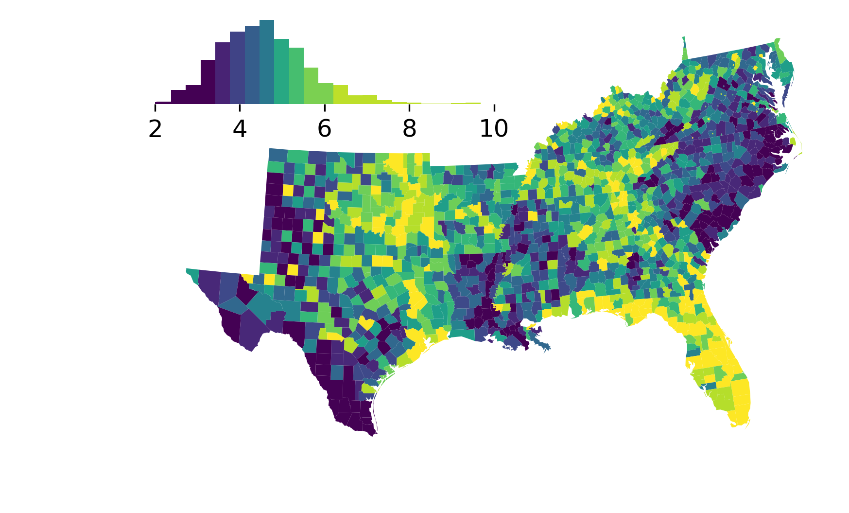 Example legendgram map in the US south