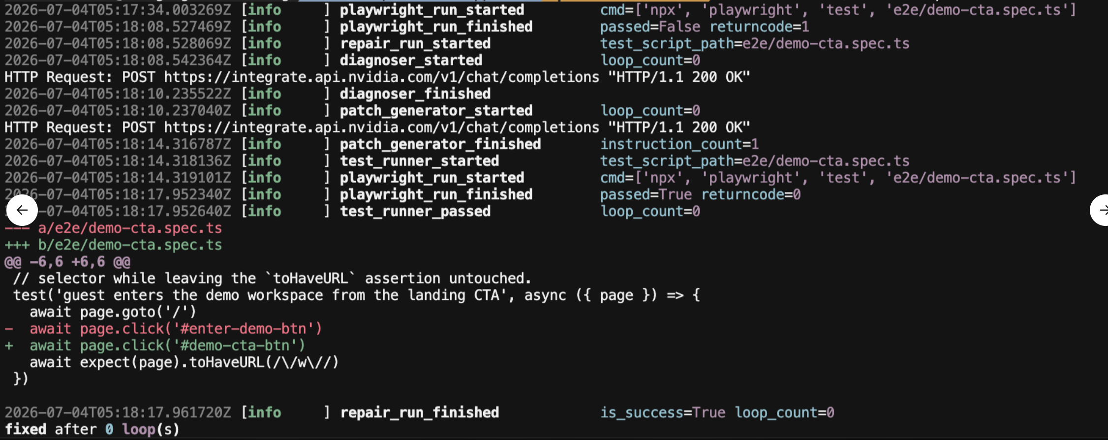 Real-world run: diagnose the renamed CTA selector, patch it, re-run, fixed after 0 loops