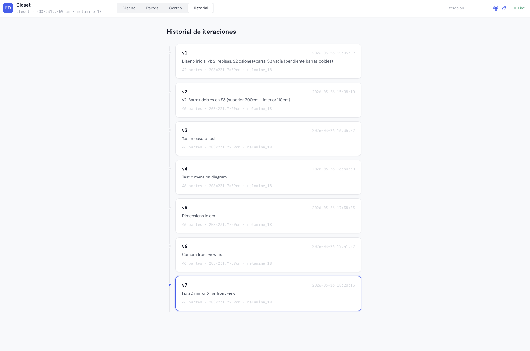 Pagina Historial — timeline de iteraciones