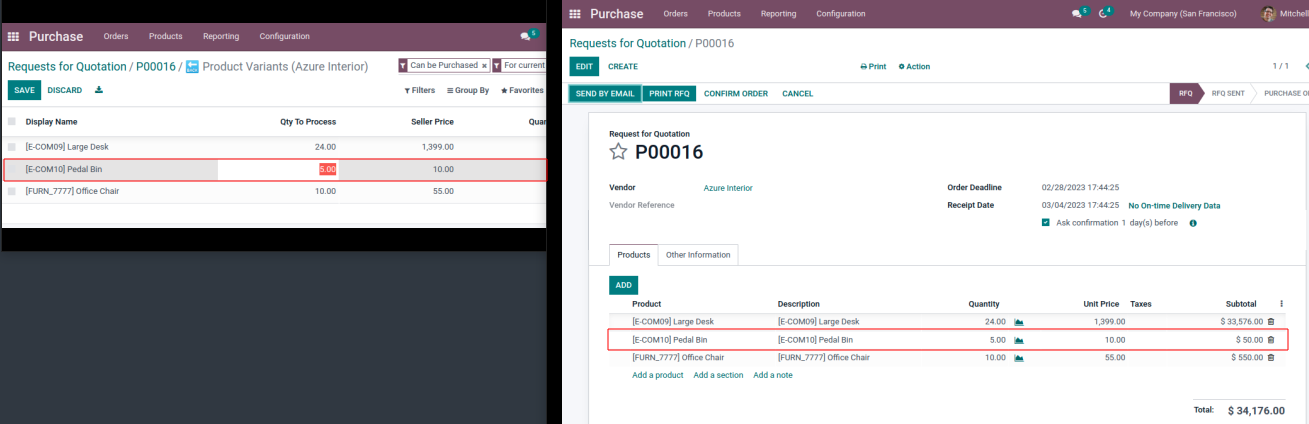 Purchase order update product qty.