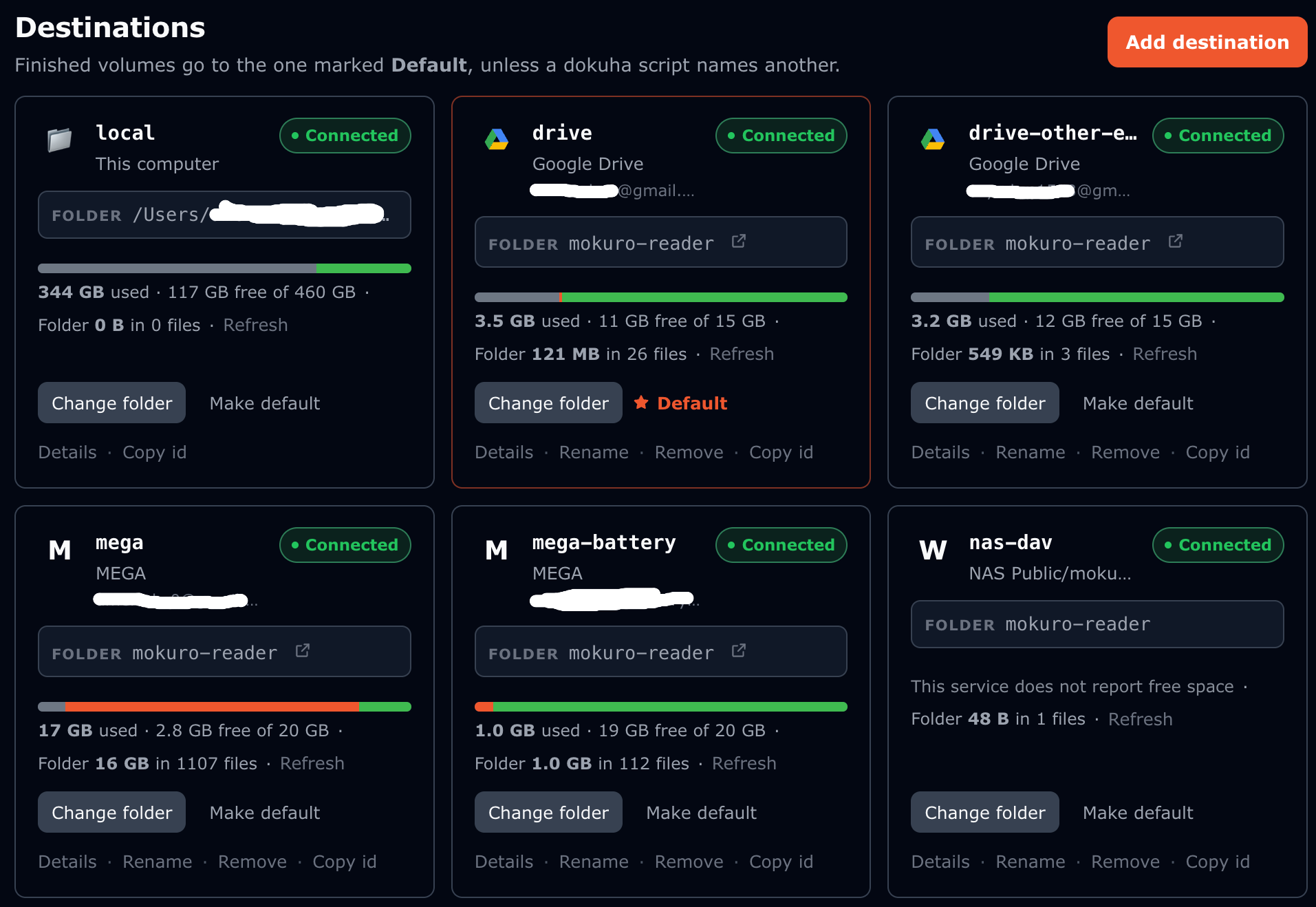 Six destinations on one bridge: this computer, two Google Drive accounts, two MEGA accounts and a NAS over WebDAV