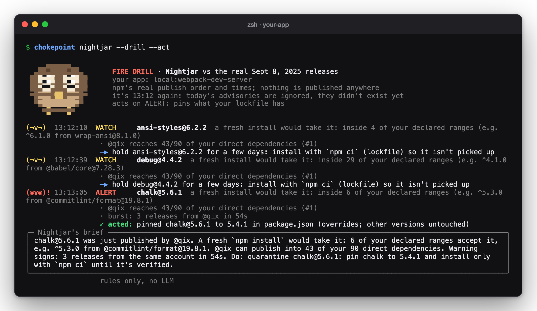 The fire drill: Nightjar watches ansi-styles and debug, raises an ALERT on chalk@5.6.1 at 13:13:05, pins chalk 5.4.1 and writes its brief