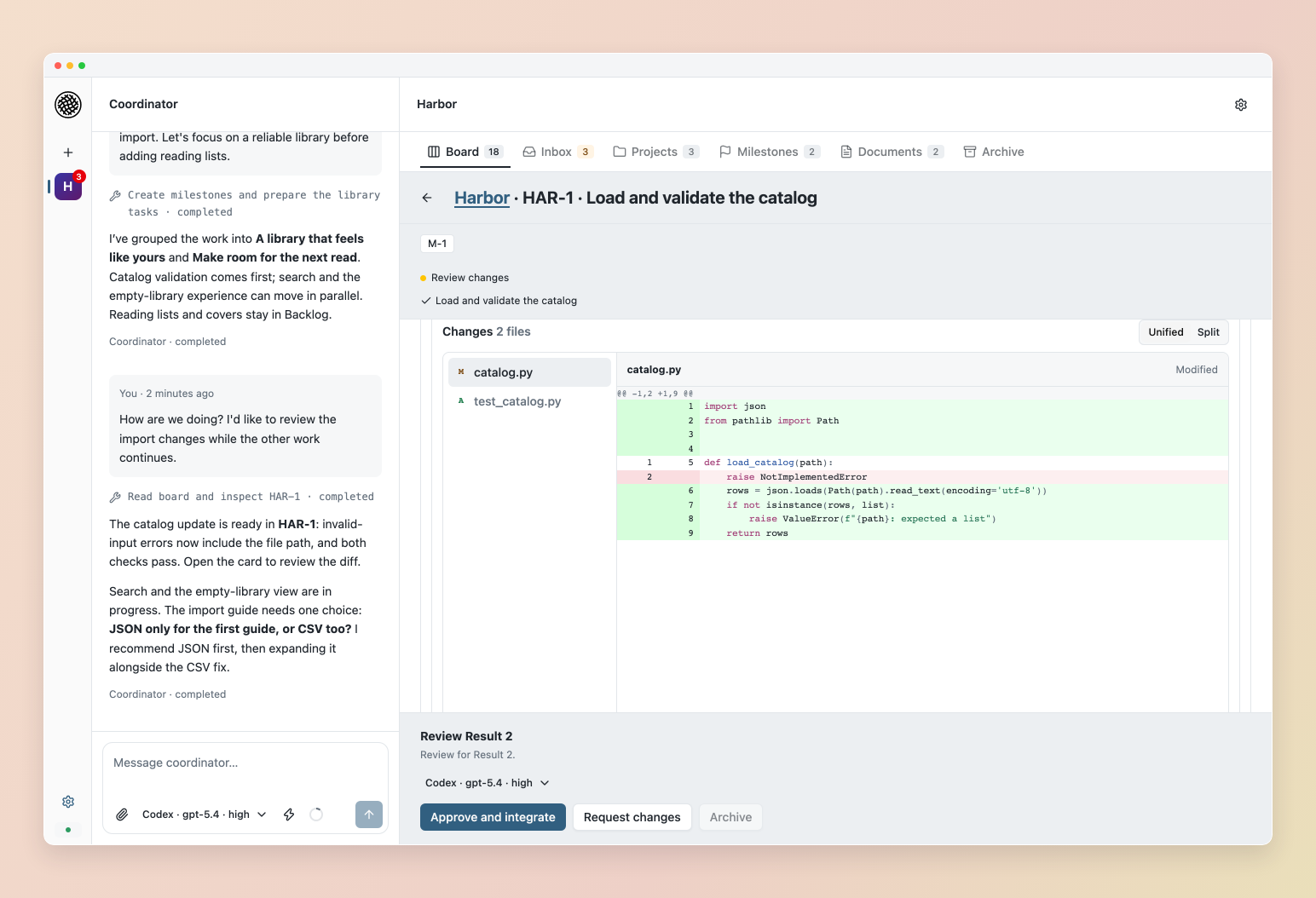 Code result with its diff, checks and review actions