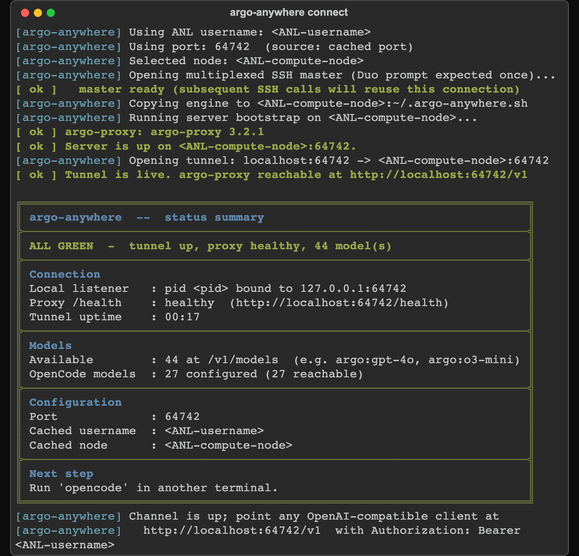 The argo-anywhere client status box reading ALL GREEN: tunnel up, proxy healthy, models available, with connection / models / paths sections.