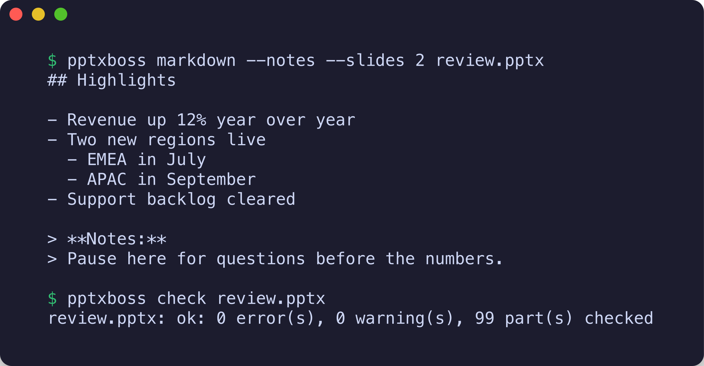 pptxboss markdown with notes, then pptxboss check reporting no findings