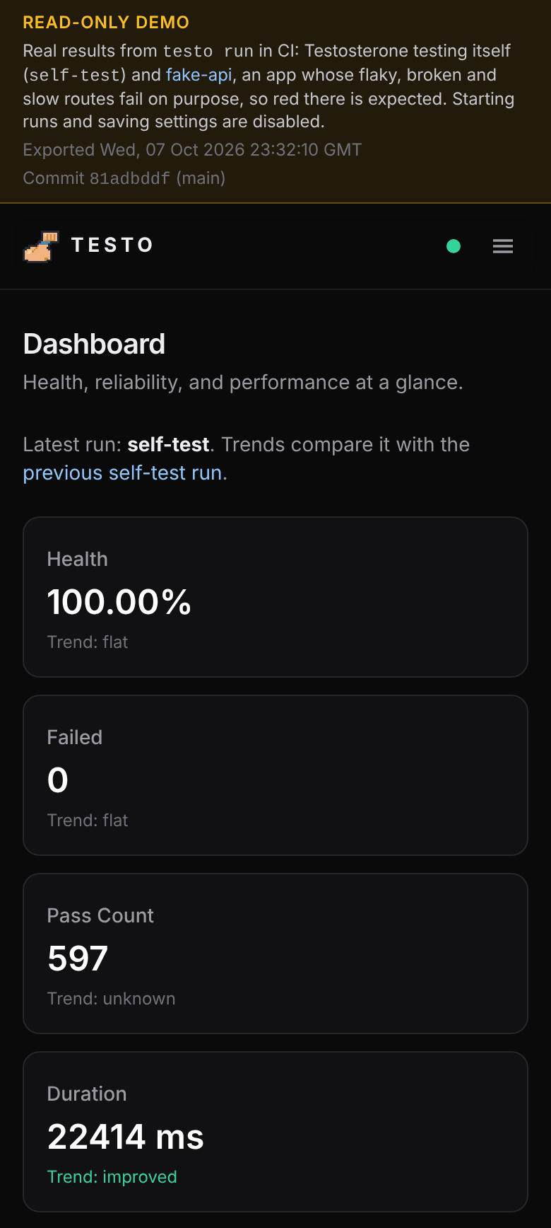 Dashboard at phone width: stacked health, failed, pass count and duration cards