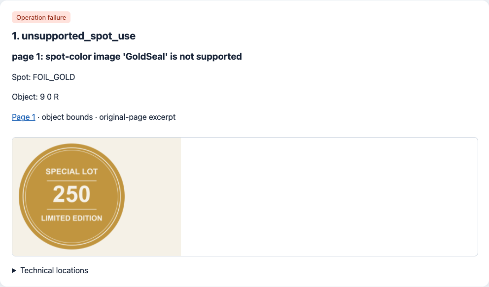 Actual HTML report showing the unsupported FOIL_GOLD image, PDF object identity, and enlarged gold seal