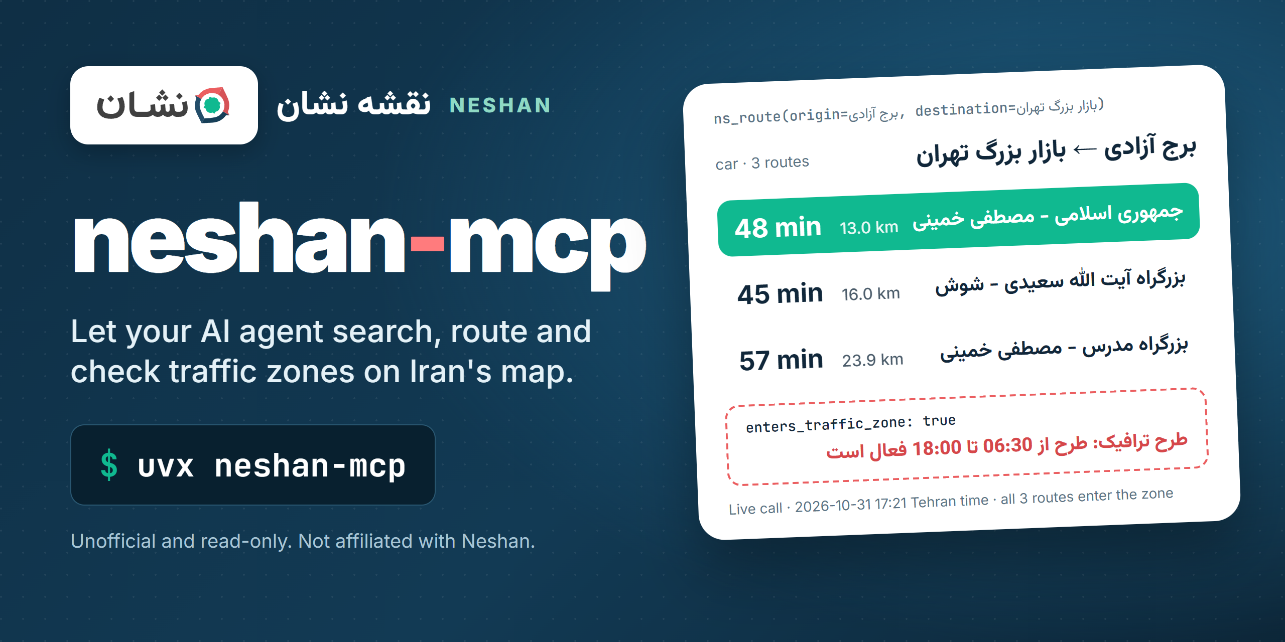 neshan-mcp: unofficial Neshan map MCP server for Claude, Cursor and Copilot, showing a live route from Azadi Tower to the Tehran Grand Bazaar