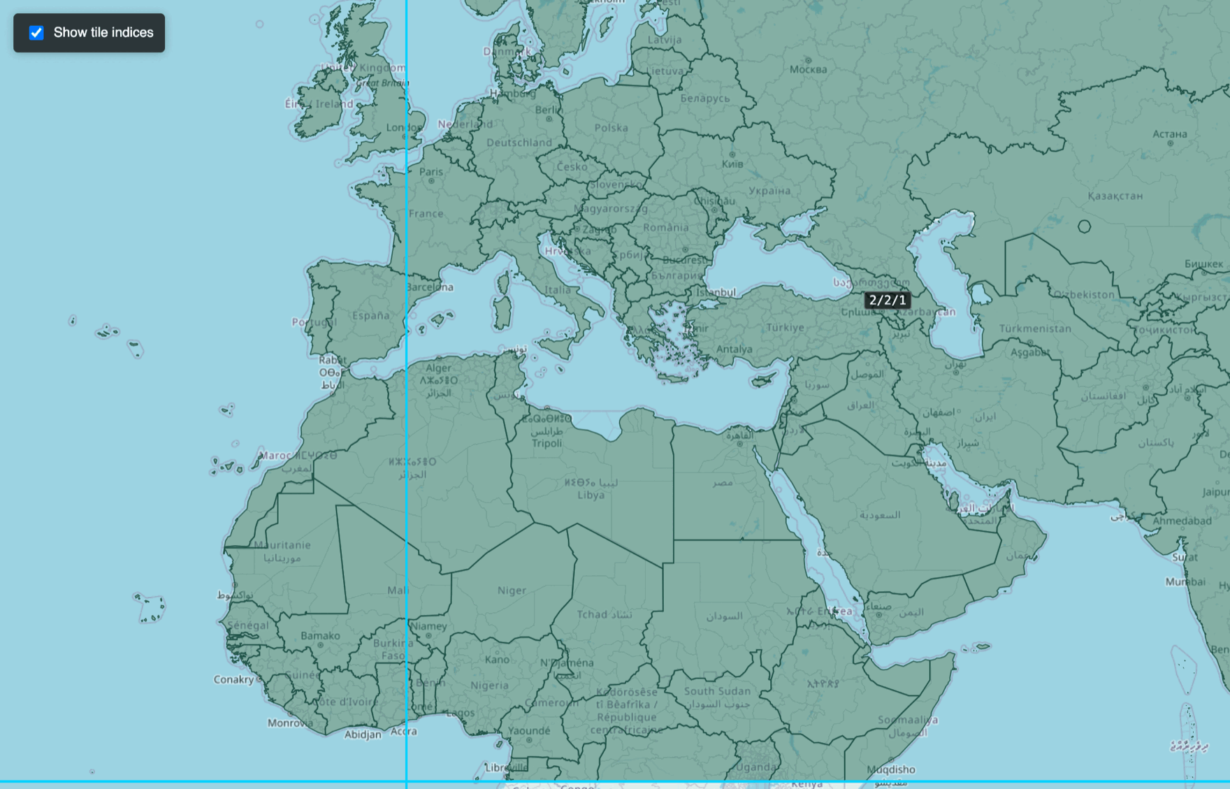 Starlet vector-tile viewer showing country polygons with the MVT tile grid