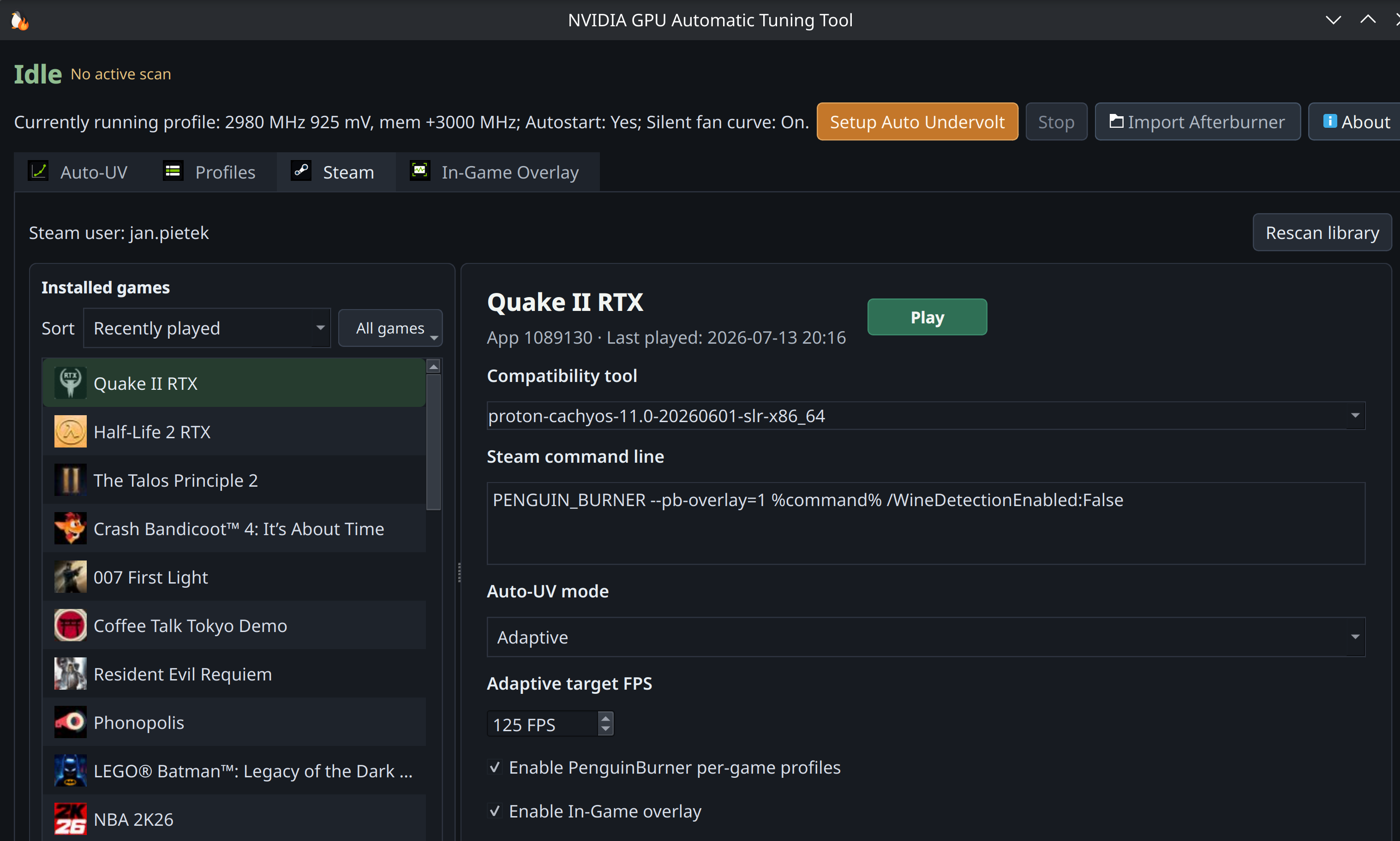 Steam tab: per-game mode, adaptive target FPS, and Play/Stop