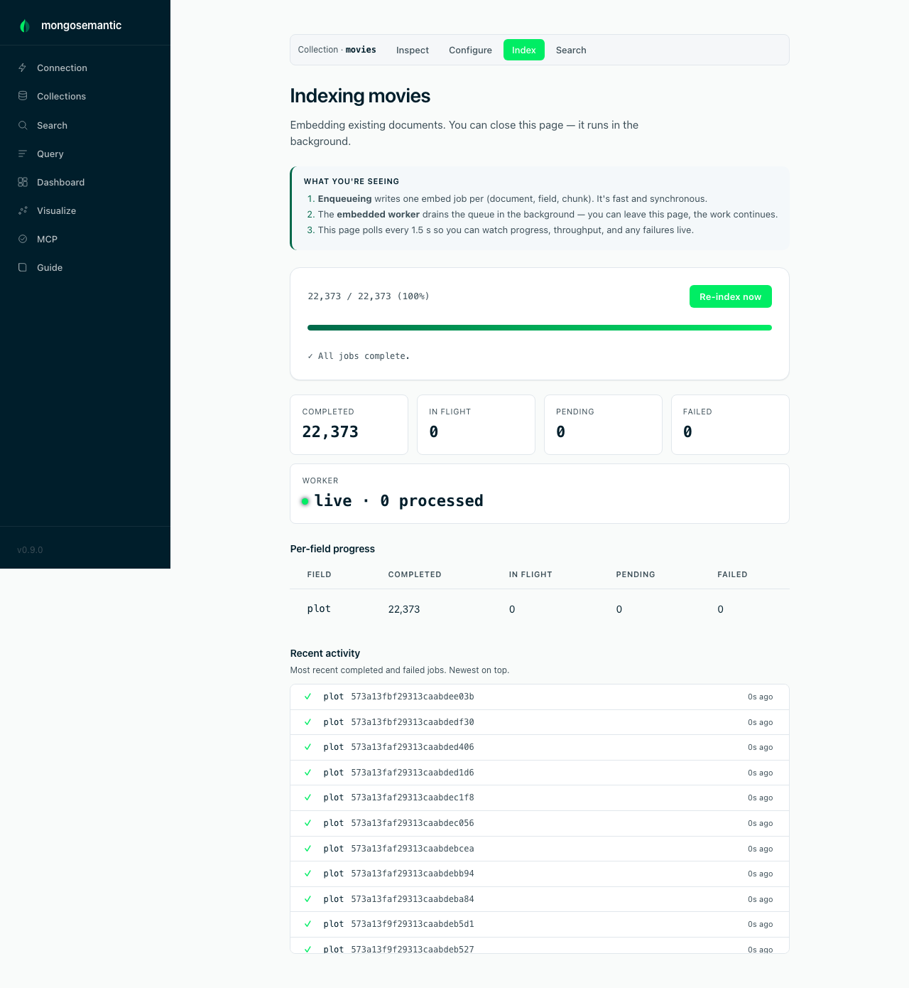 Indexing dashboard — completed/in-flight/pending/failed tiles, live worker dot, per-field progress, activity feed