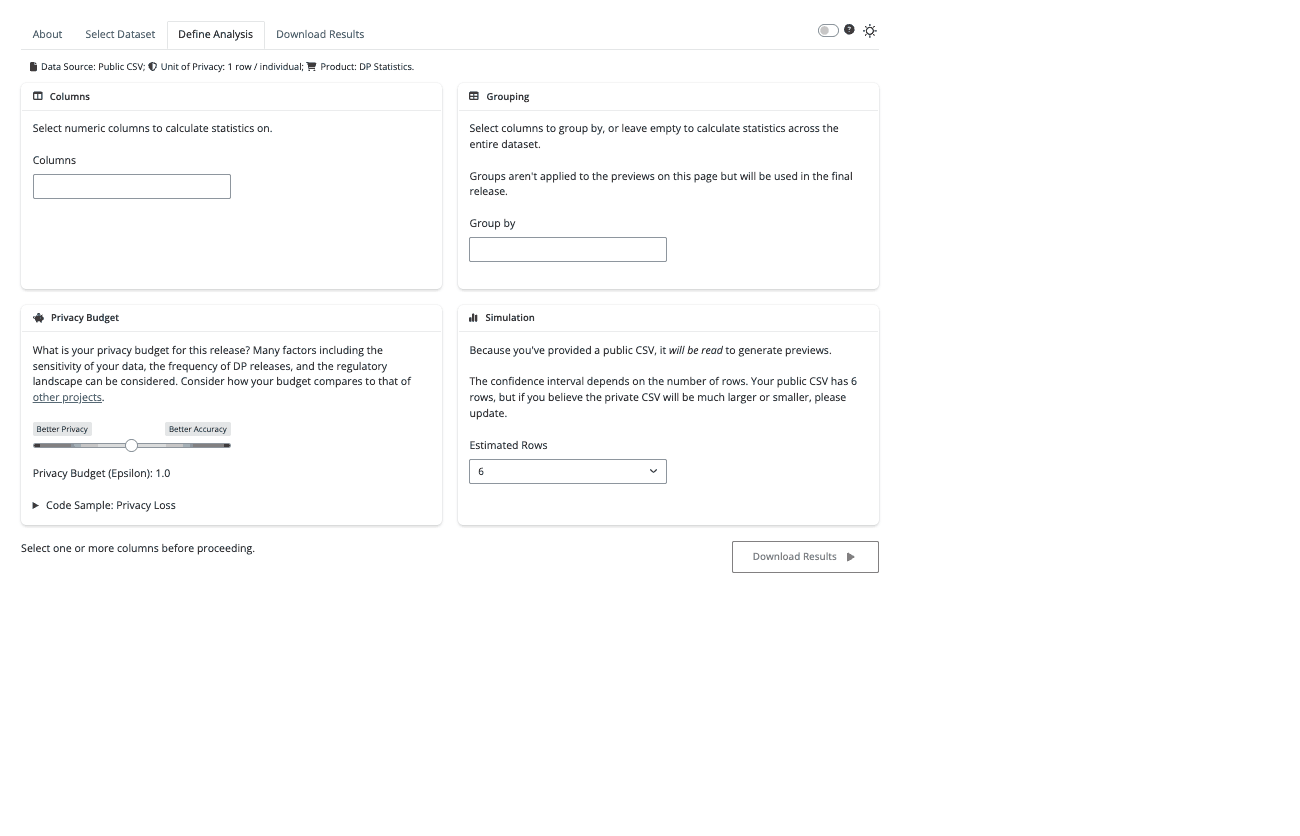 Screenshot with four panels: "Columns", "Grouping", "Privacy Budget", and "Simulation".