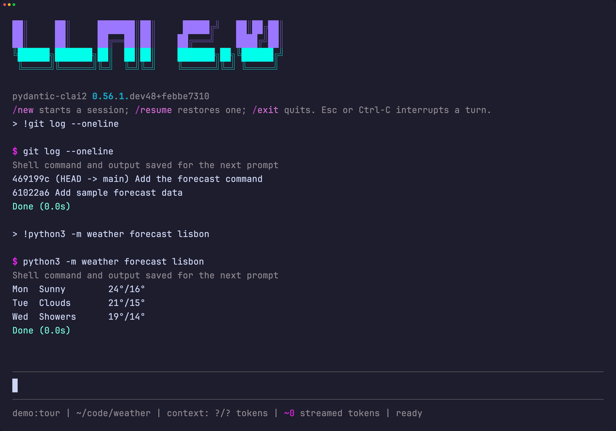 Running git log and the project's CLI with !