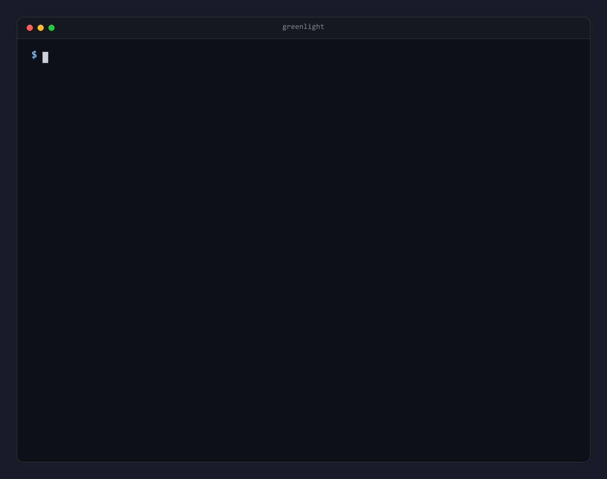 greenlight tail showing a live trace with a slow call in yellow and a failed tool call in red with its real error message, then greenlight check listing the bugs it found in a broken server