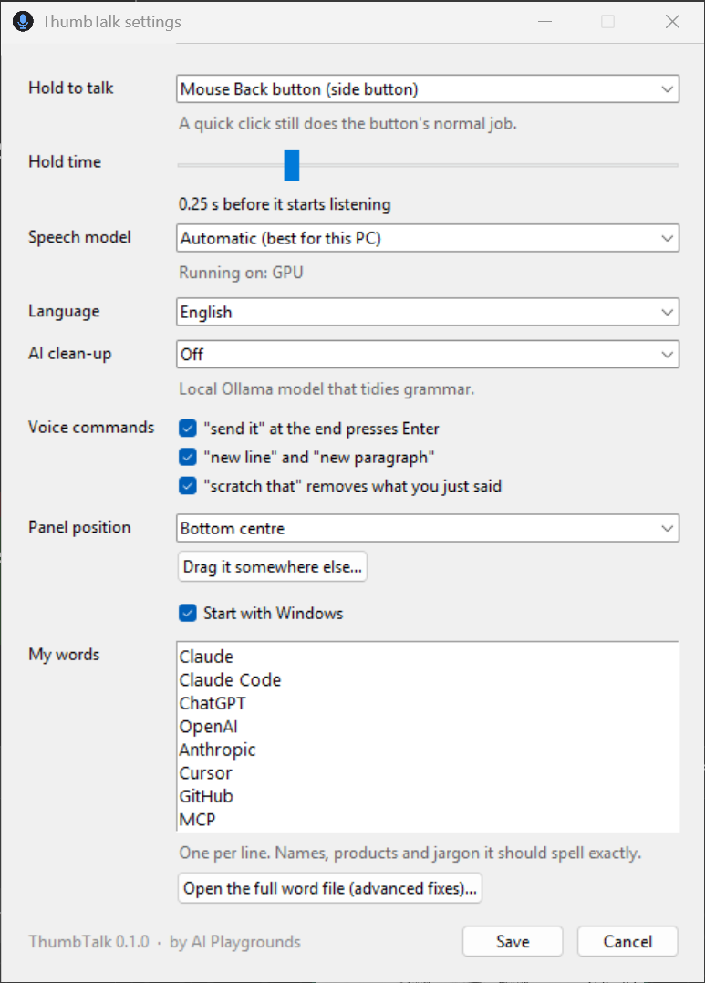 ThumbTalk settings