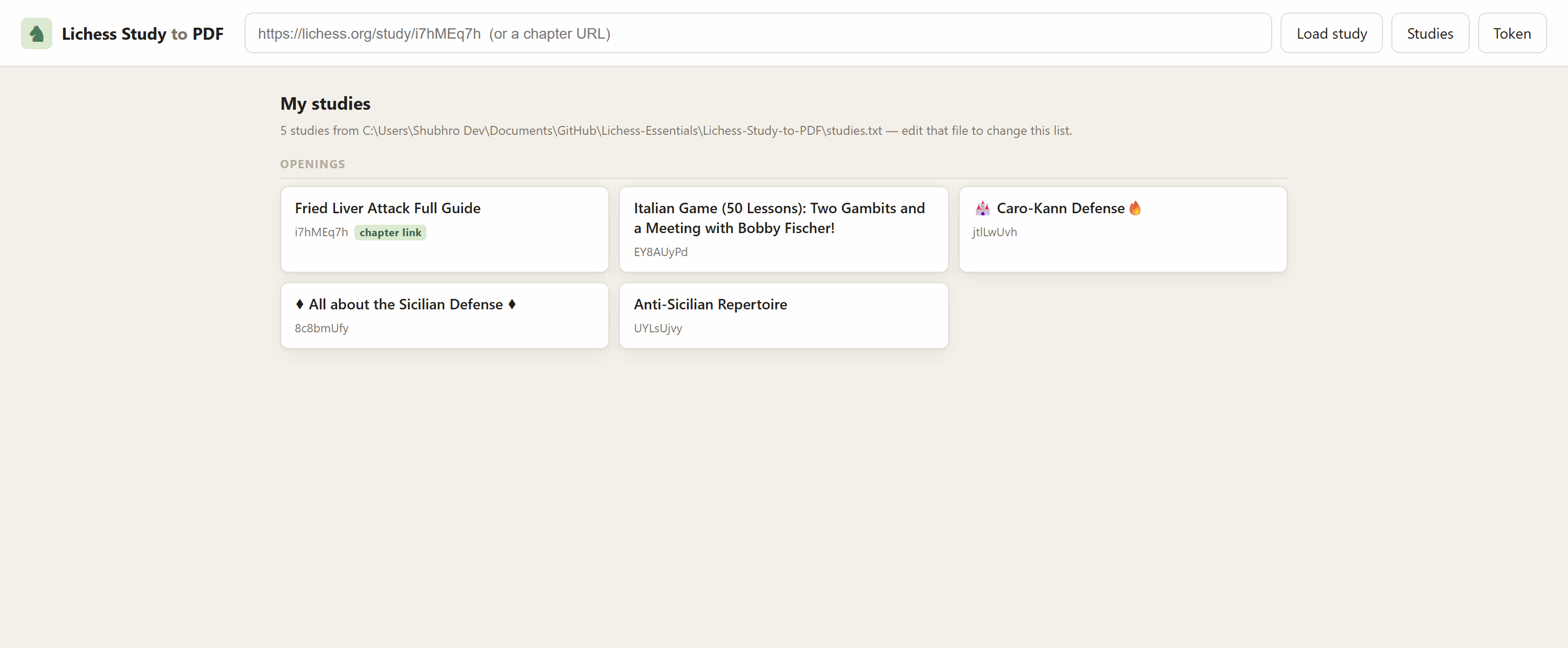 The home page: My studies, one card per study, grouped under the section headings from studies.txt