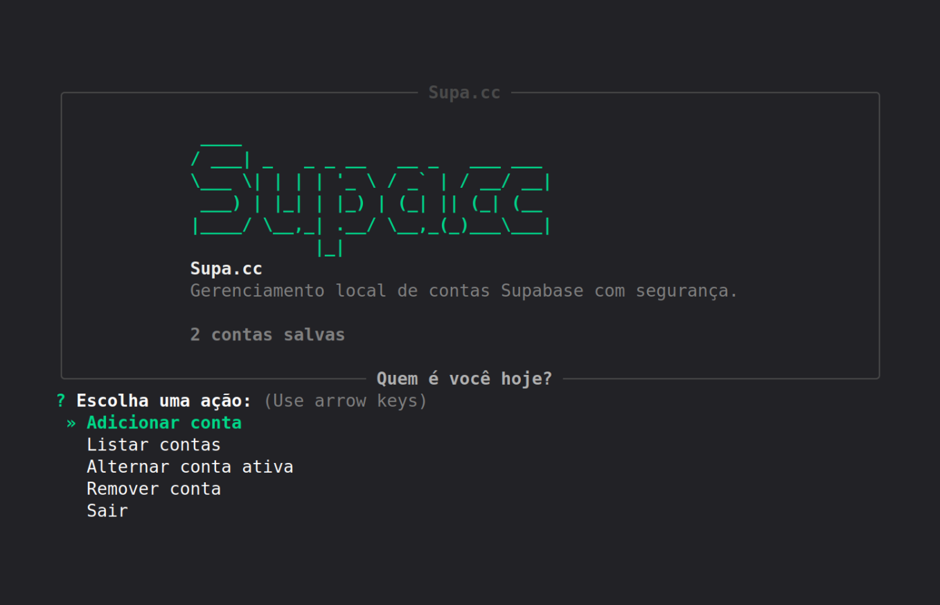 Supa.cc exibindo o painel inicial e as ações disponíveis no terminal