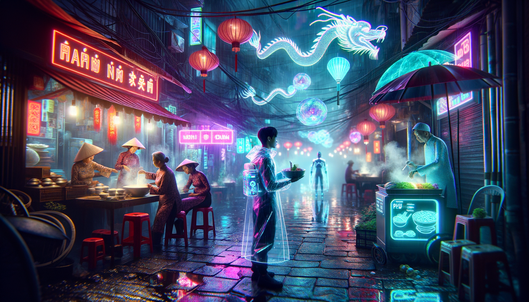 cyberpunk Hanoi night market