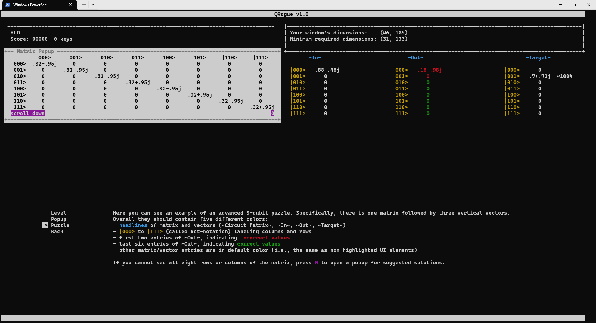 Screenshot of Screen check-menu's puzzle section: popup matrix.