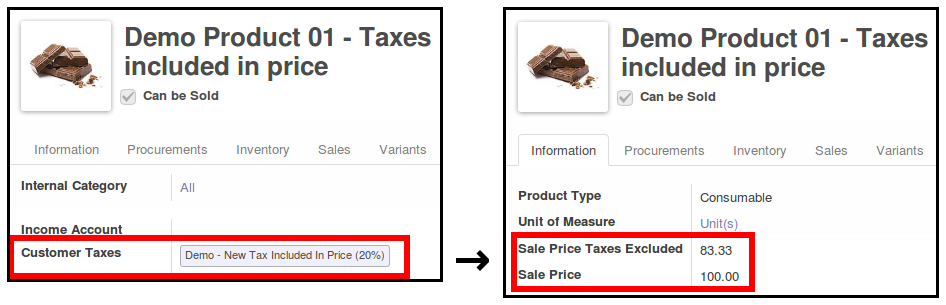A product with sale price and sale price without taxes
