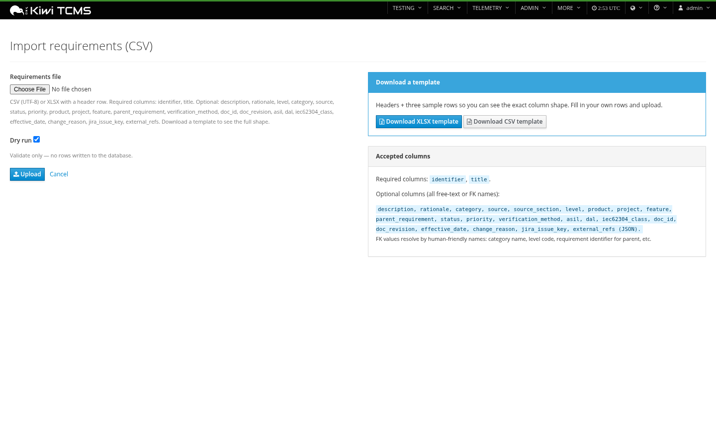 Import page with XLSX/CSV template downloads