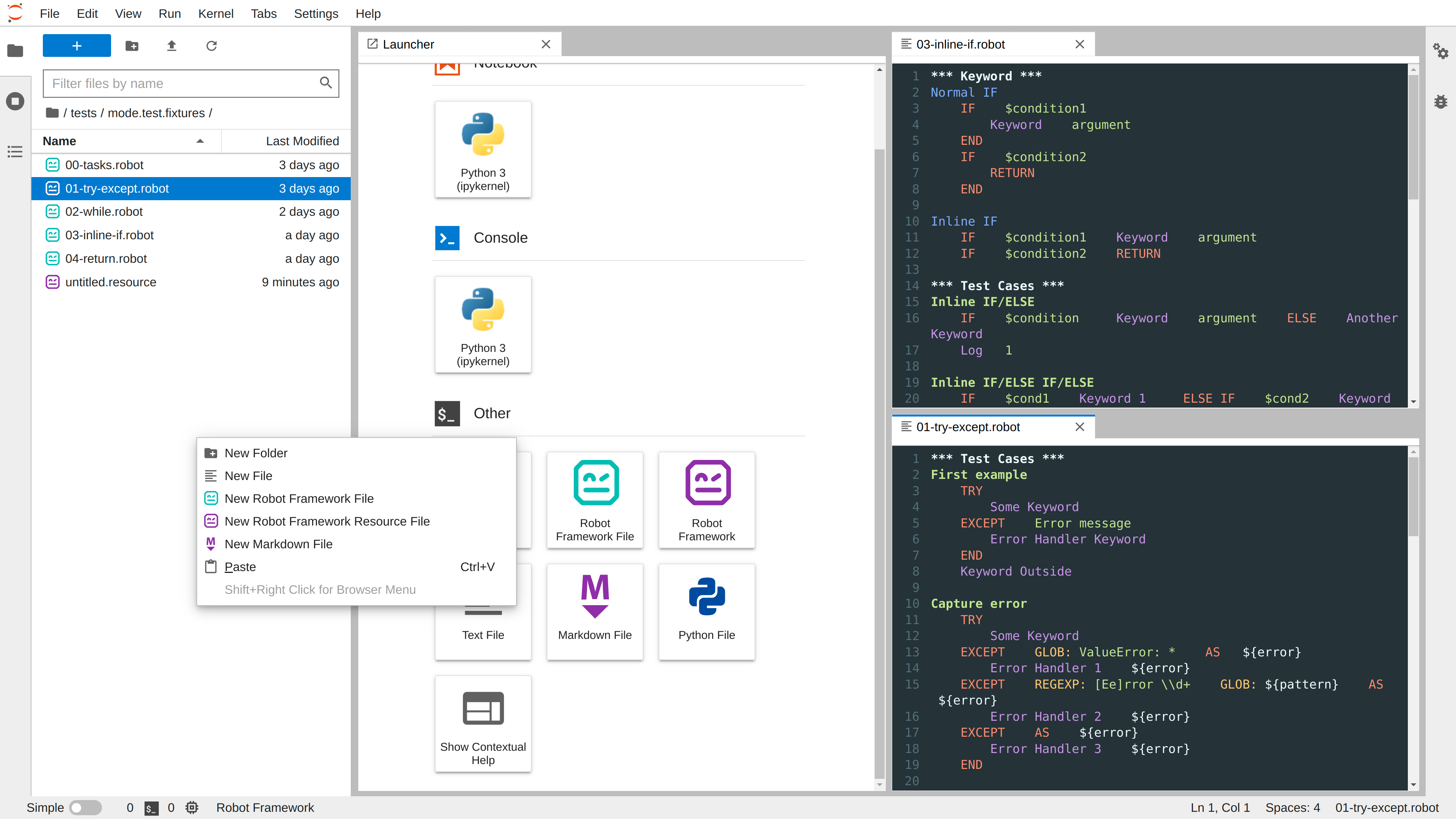 a screenshot of JupyterLab with Robot Framework files and launchers