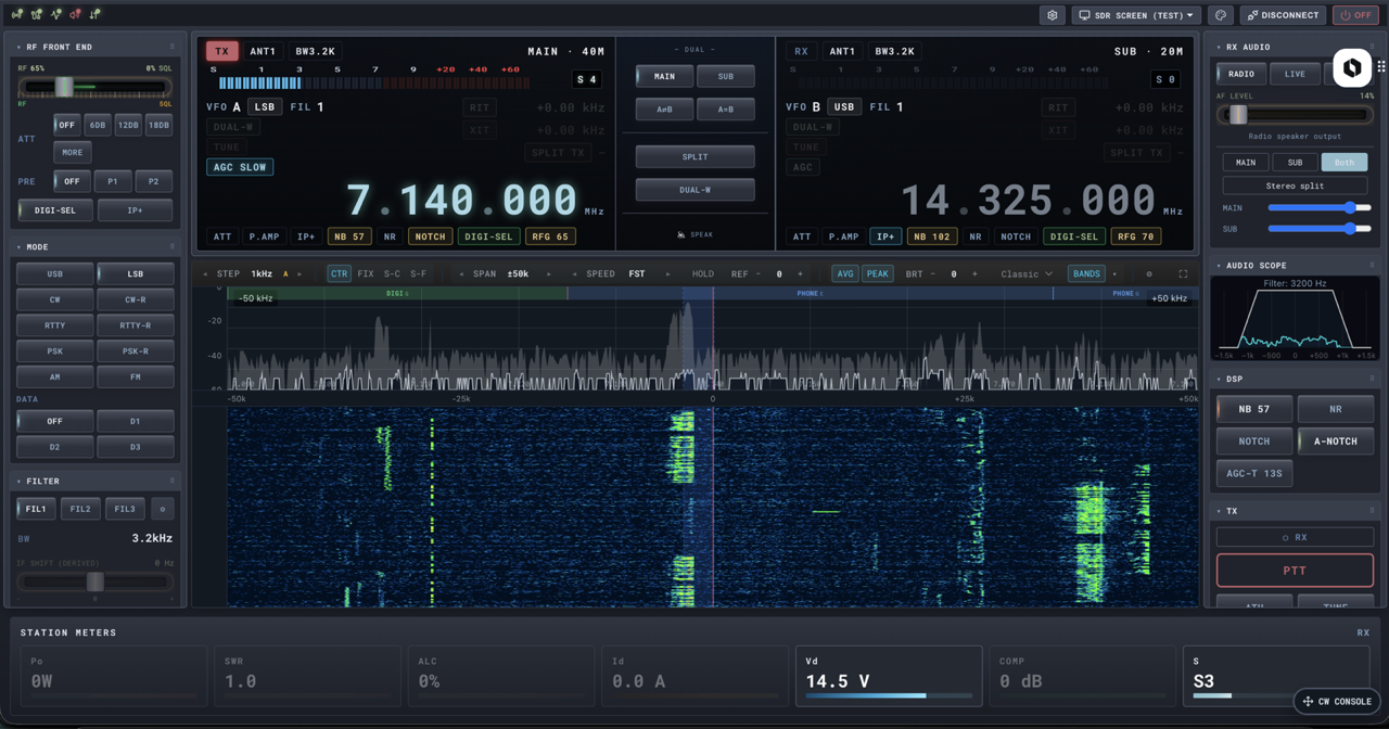 rigplane Web UI — IC-7610 dual-RX desktop with scope and waterfall