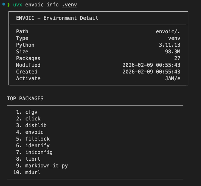 envoic info command output