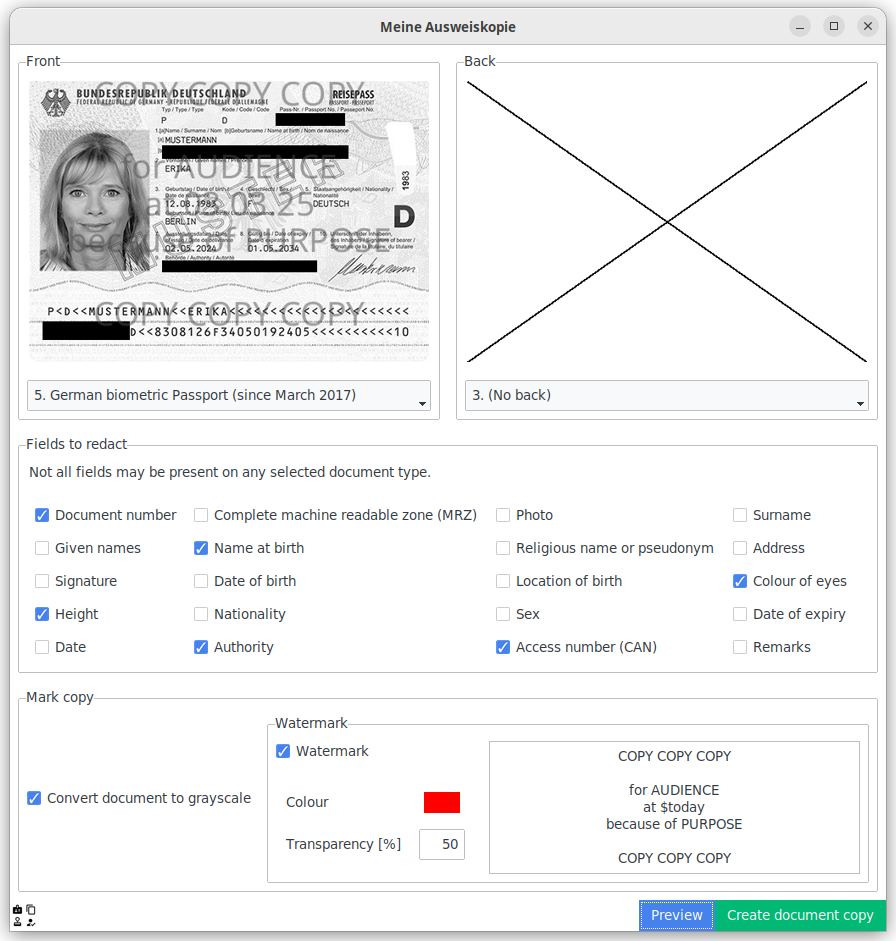 Like the previous screenshot, but the selected fields are blacked out, the password is in greyscale and there is a watermark over it.