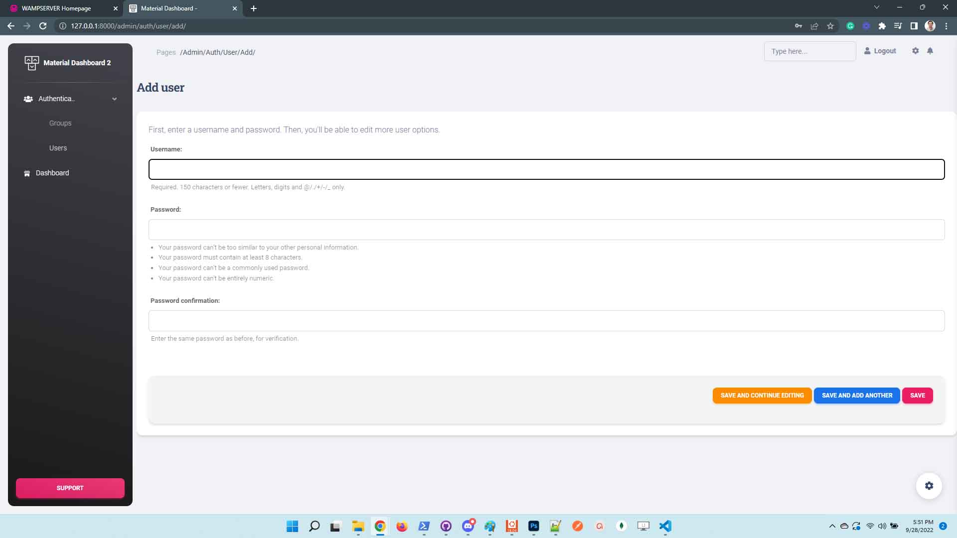 Django Admin Material Dashboard - New User Page.