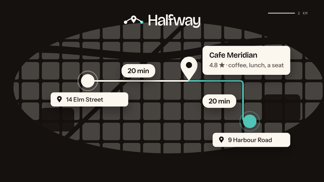 A frame of the film Halfway. On a dark city map, a white route runs from 14 Elm Street to a pin at Cafe Meridian, and a teal route runs on to 9 Harbour Road, each leg labelled 20 min.