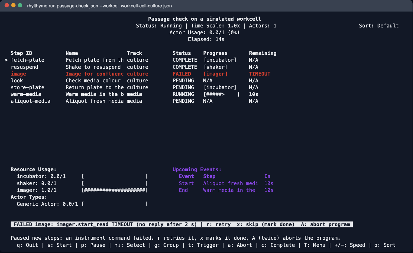 A timed-out imaging step: FAILED in red, the banner names the tool, command and code, and media warming carries on