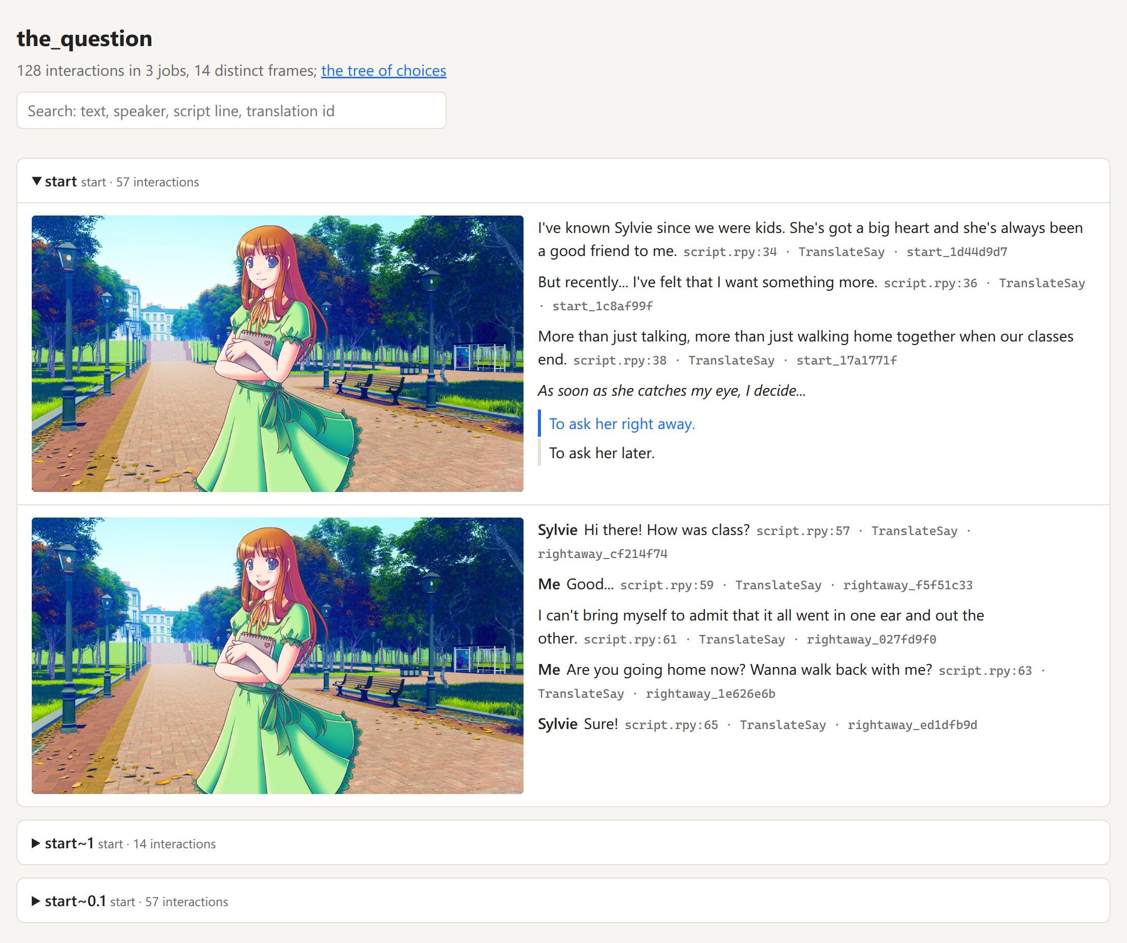 The page of a capture: each picture of the game with the lines spoken over it, and a menu with the option taken