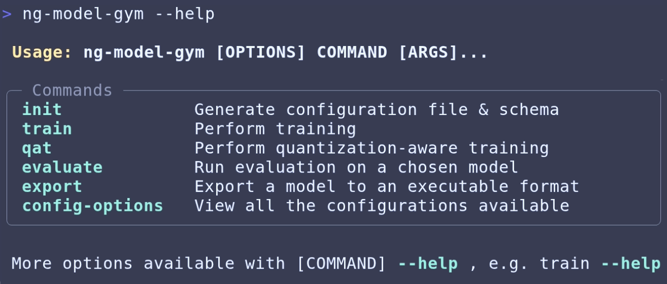 Neural Graphics Model Gym CLI help output