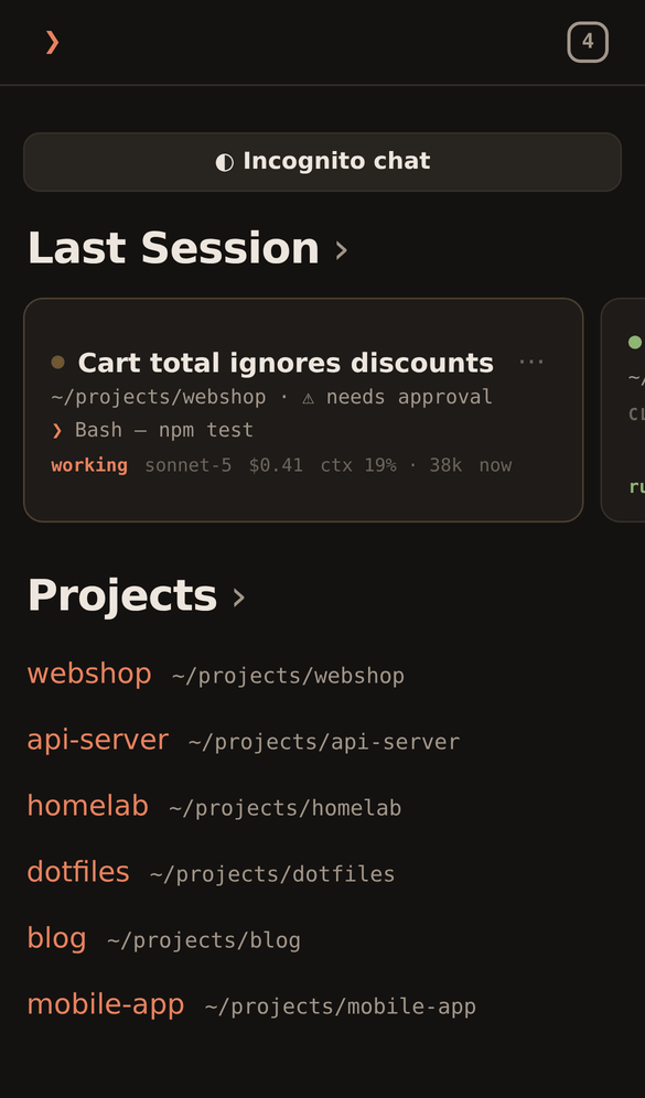 Home: last sessions and projects