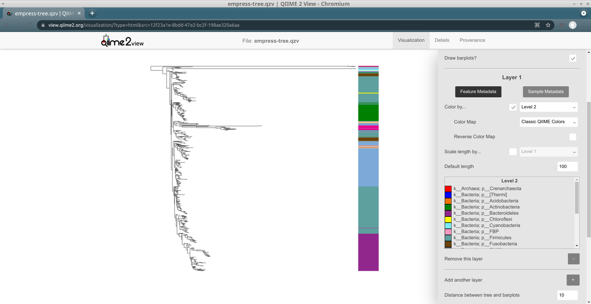 empress barplots: phylum coloring