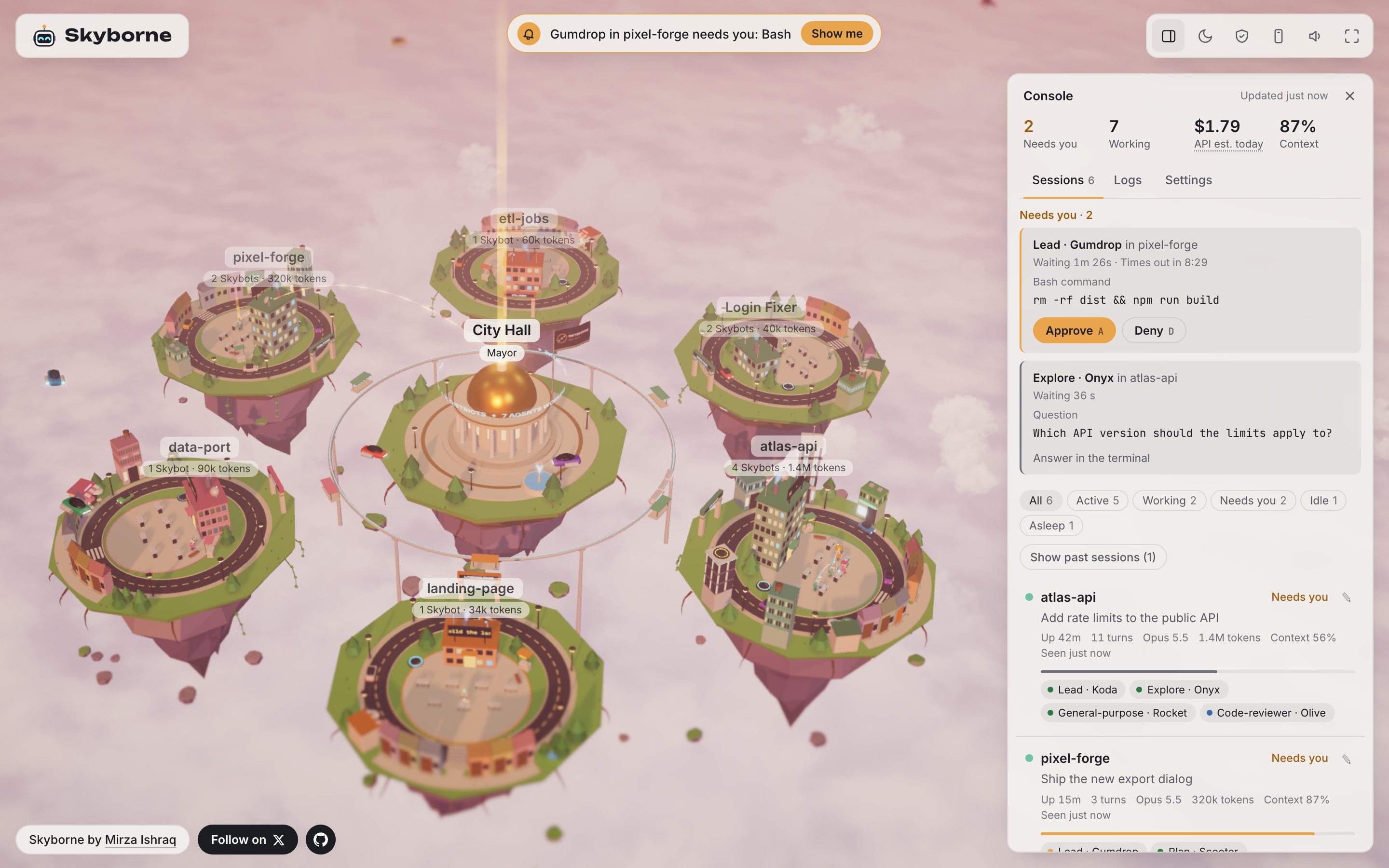 The Skyborne city at dusk: floating districts around City Hall, a Needs you card asking to approve a command, and the console listing every session