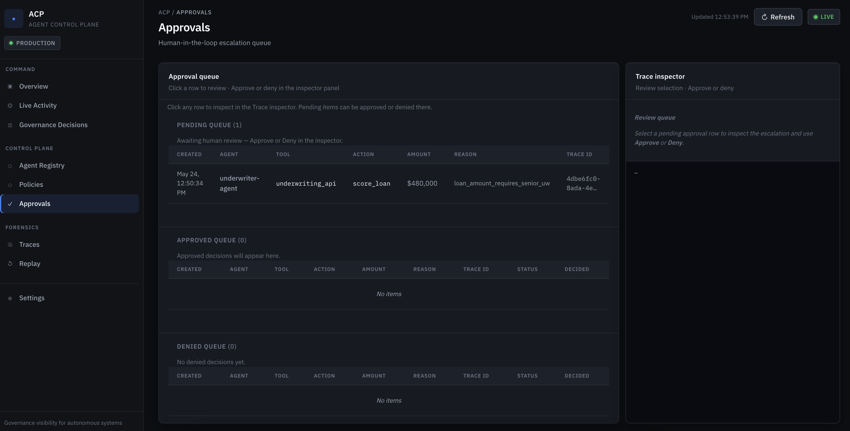 Approvals — human-in-the-loop escalation queue