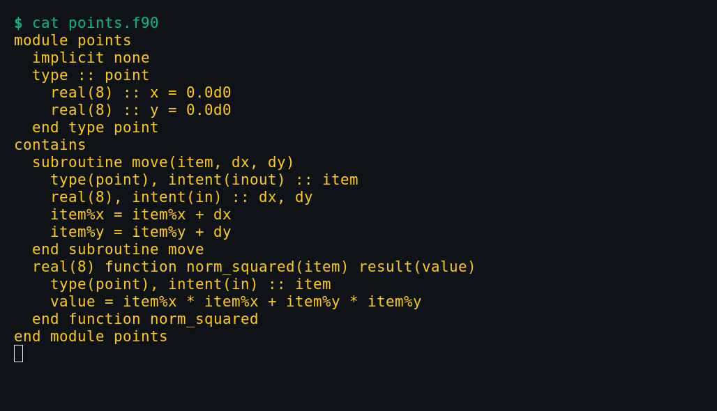 Terminal demo: a Fortran module with a derived type is built with one PRIK command, then imported and called from Python, printing 4.0 2.0 and 20.0
